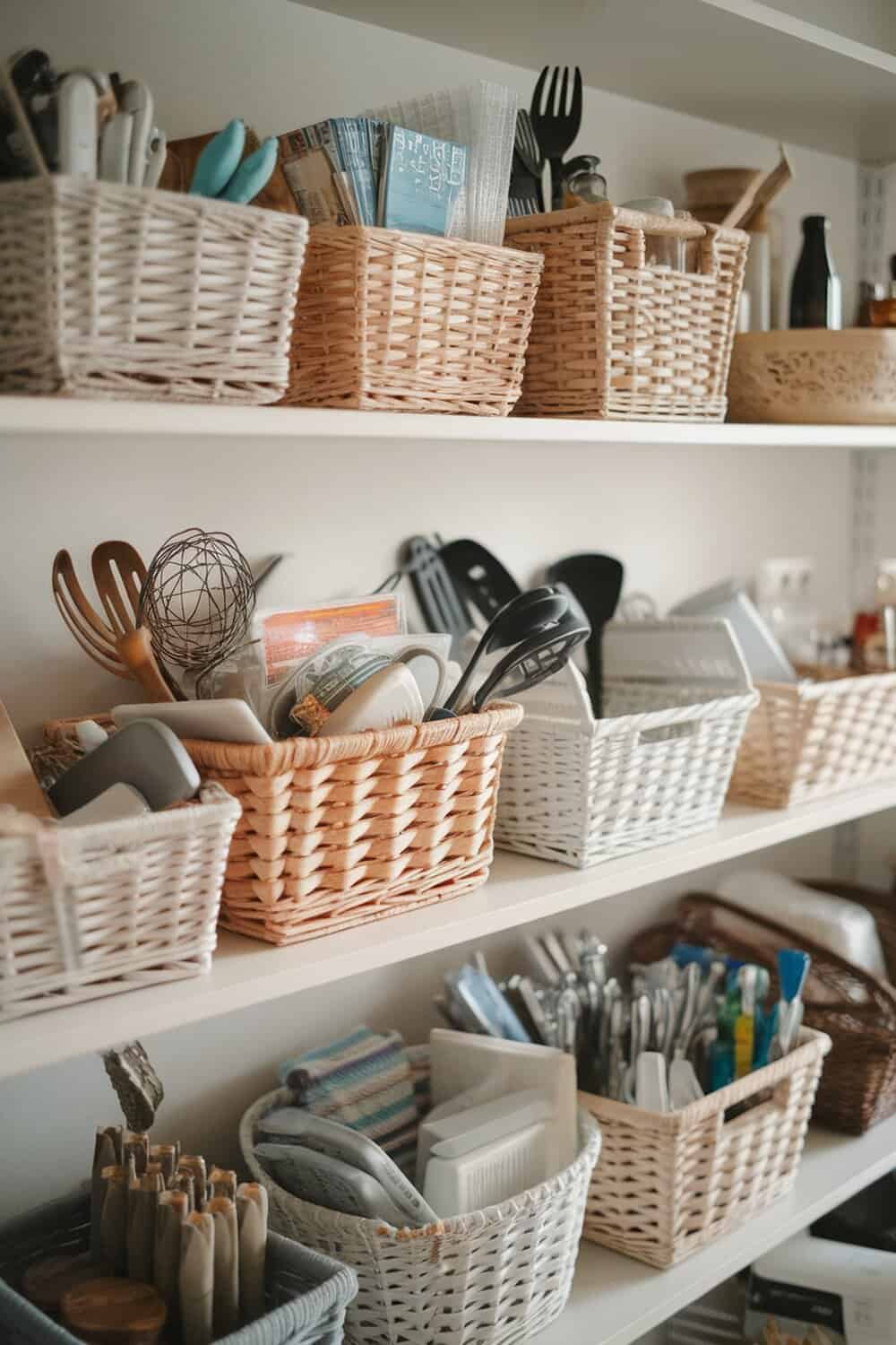 Shelves filled with various baskets containing kitchen utensils and small items.
