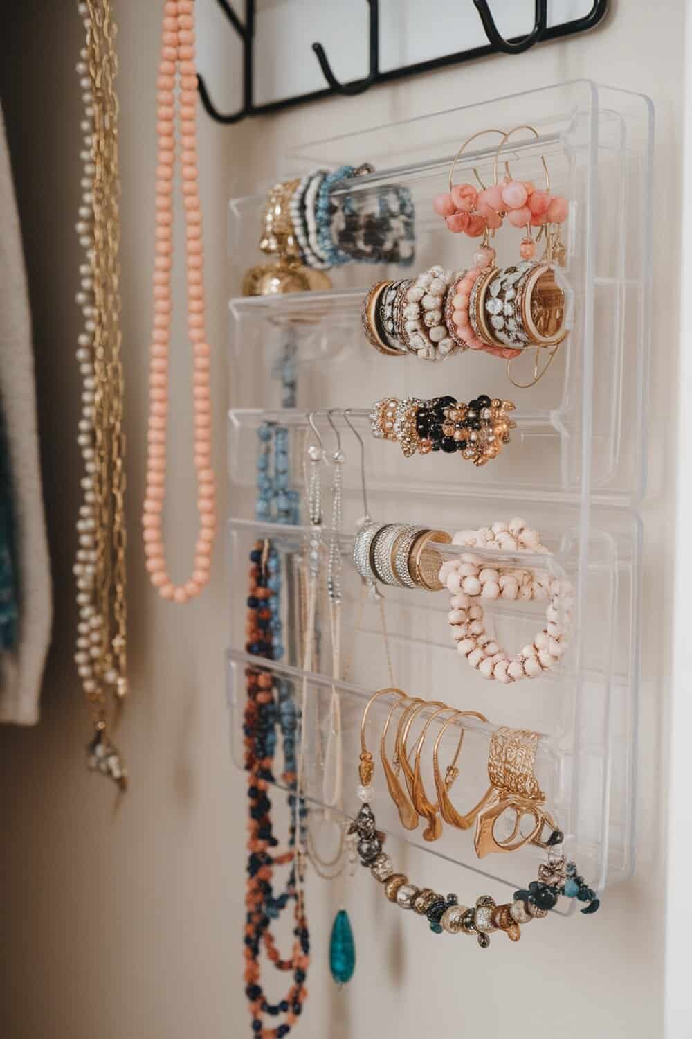 A clear shoe organizer filled with various jewelry items, including bracelets, earrings, and necklaces.