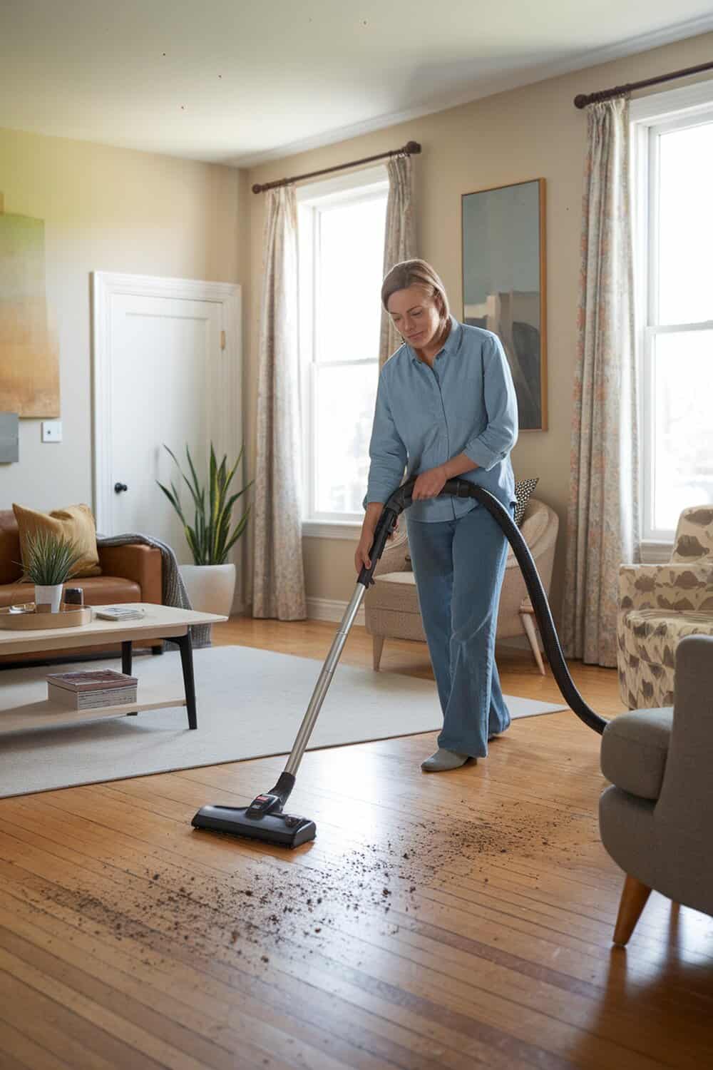 A woman vacuuming a living room with visible dirt on the floor.