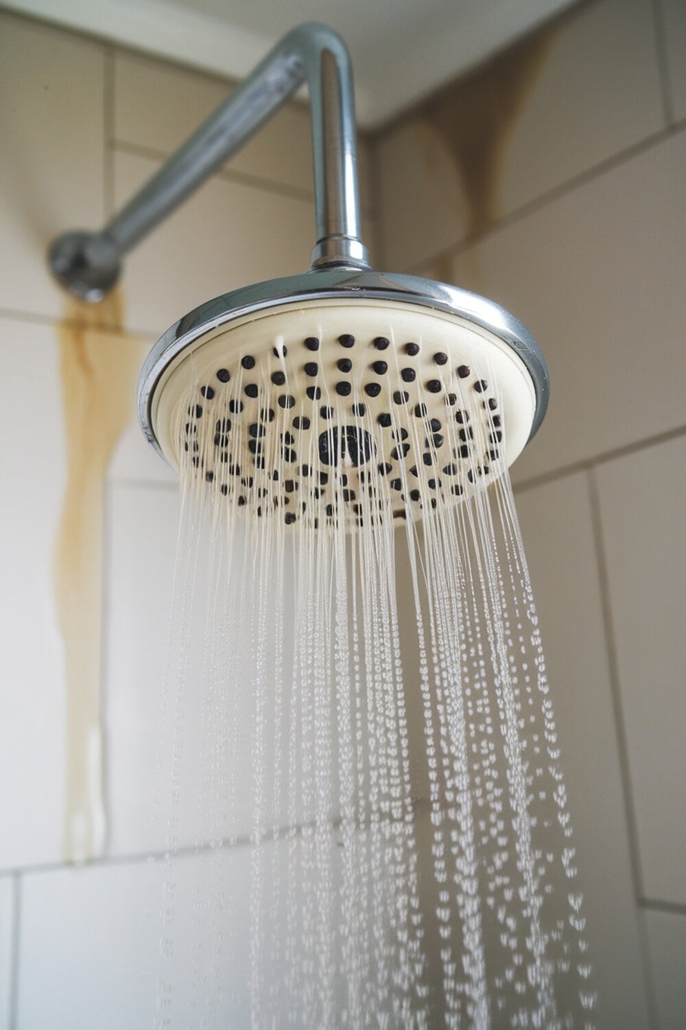Shower head with water running, showing hard water stains on the tiles.