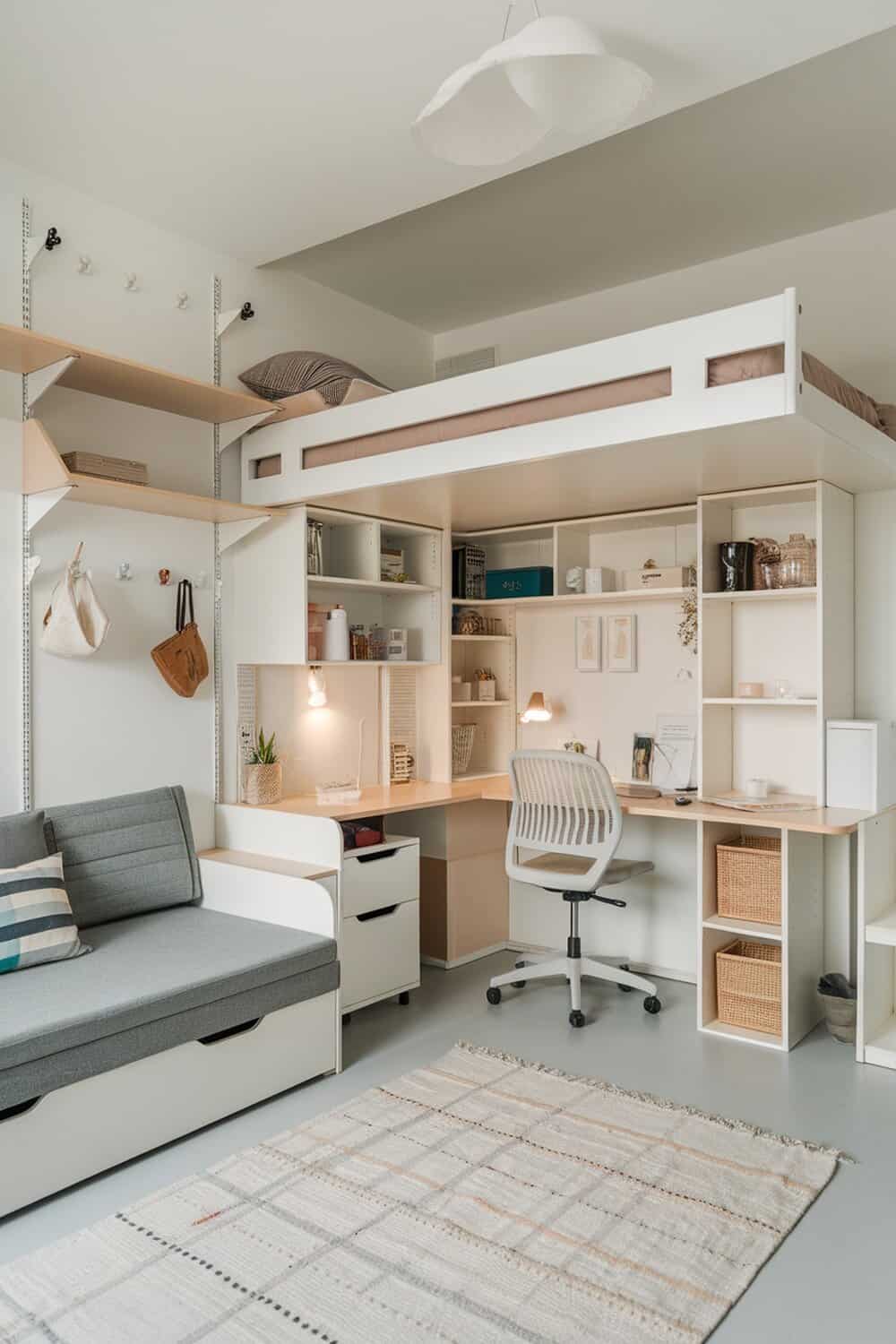 A cozy studio apartment with a lofted bed, desk, and organized storage.