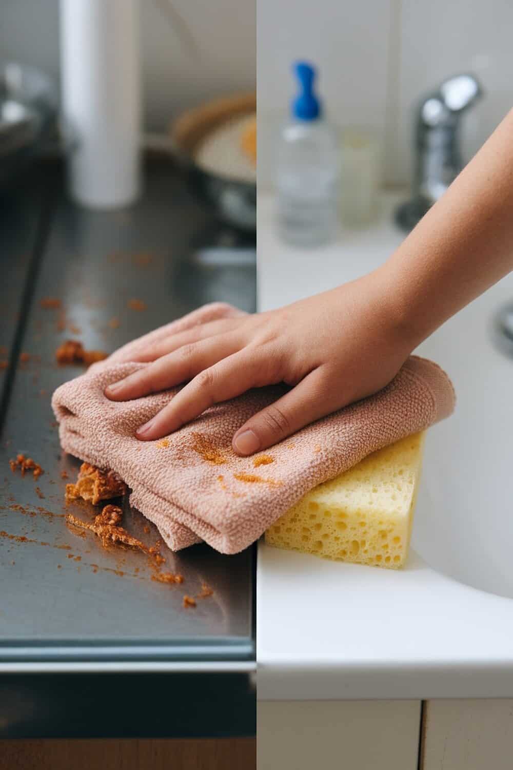 A hand cleaning a kitchen surface with a cloth while a sponge sits nearby.