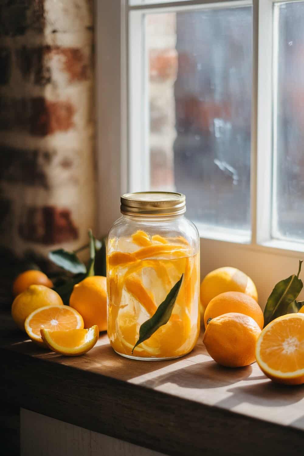 A jar filled with citrus peels and vinegar, surrounded by fresh lemons and oranges.