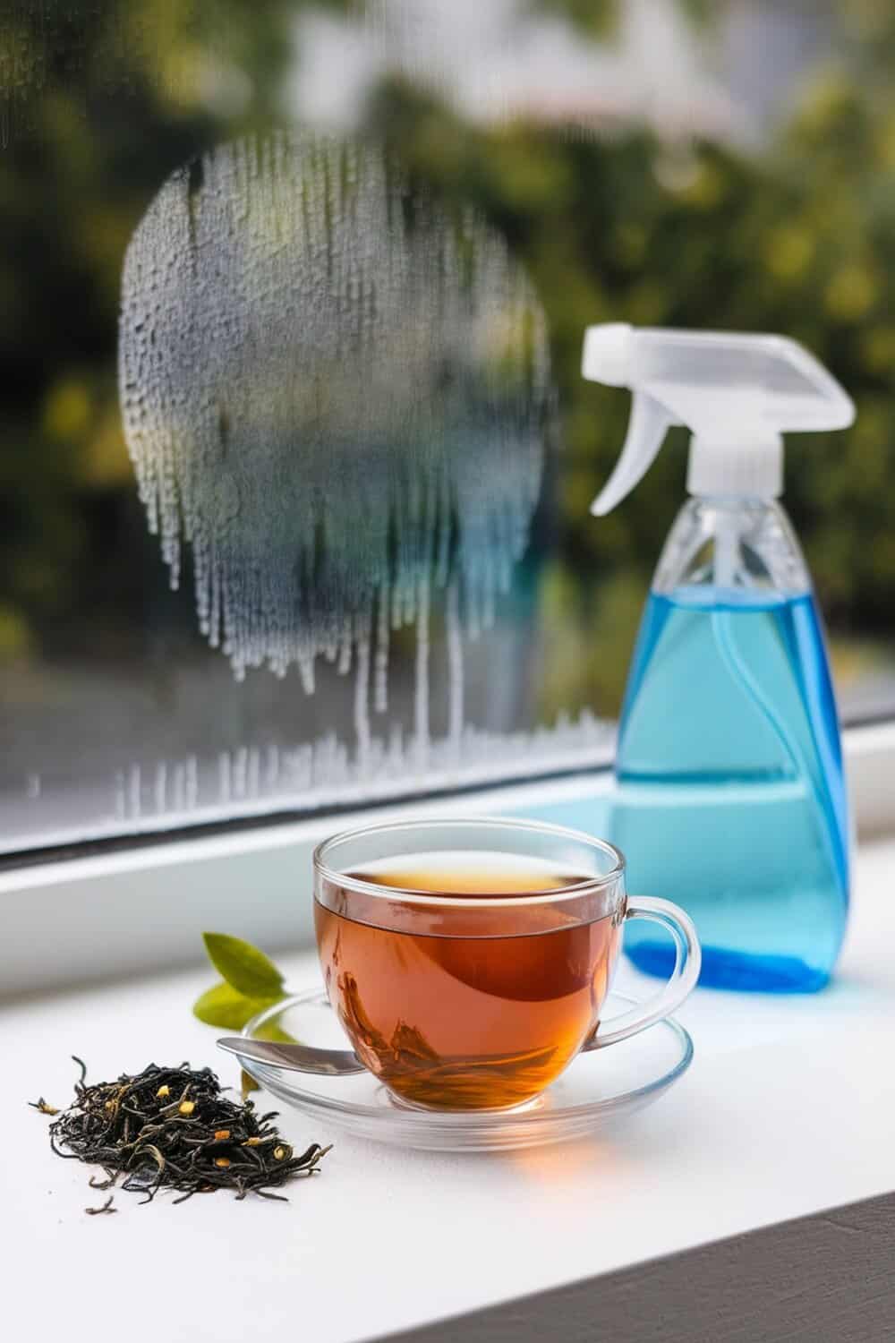 A cup of black tea next to a spray bottle on a windowsill with a foggy window.