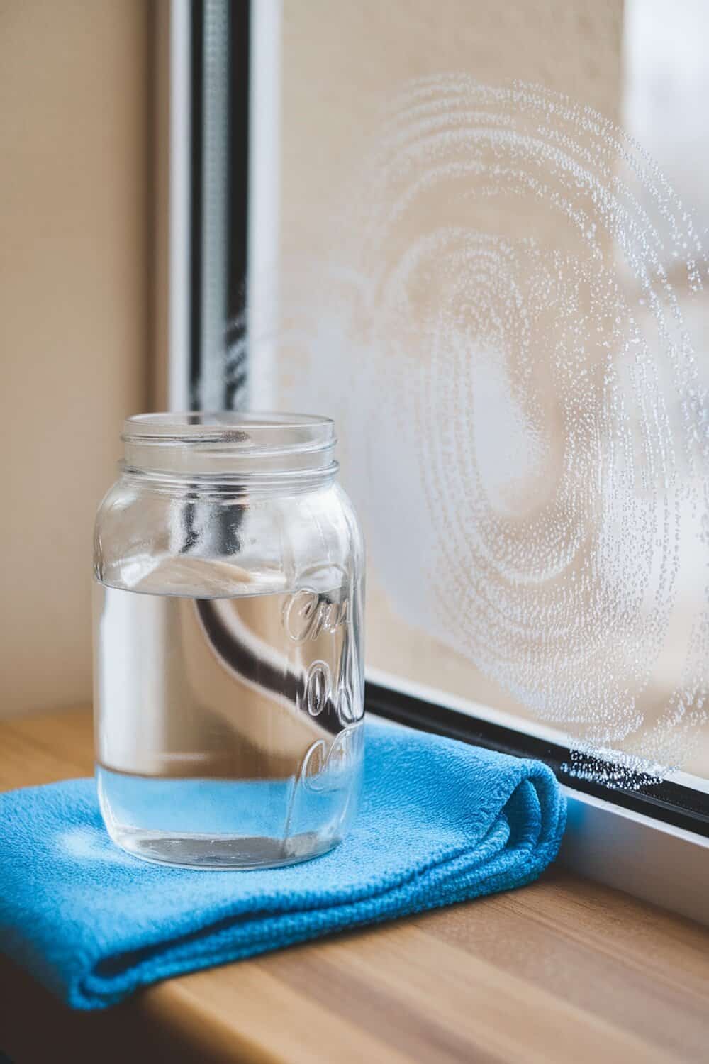 A jar of water next to a blue cloth on a wooden surface, with a clean window in the background.