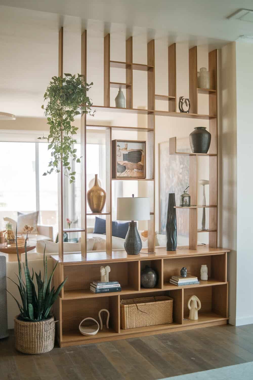 A wooden room divider with shelves displaying decorative items and plants.