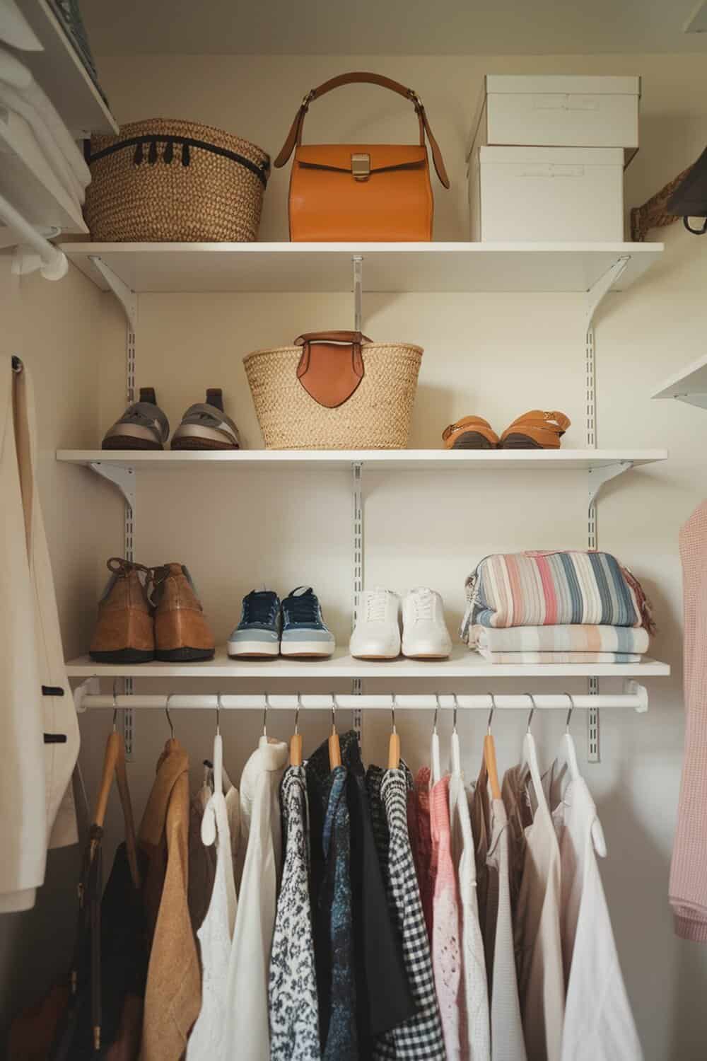 A well-organized small closet with wall-mounted shelves displaying shoes, bags, and folded clothes.