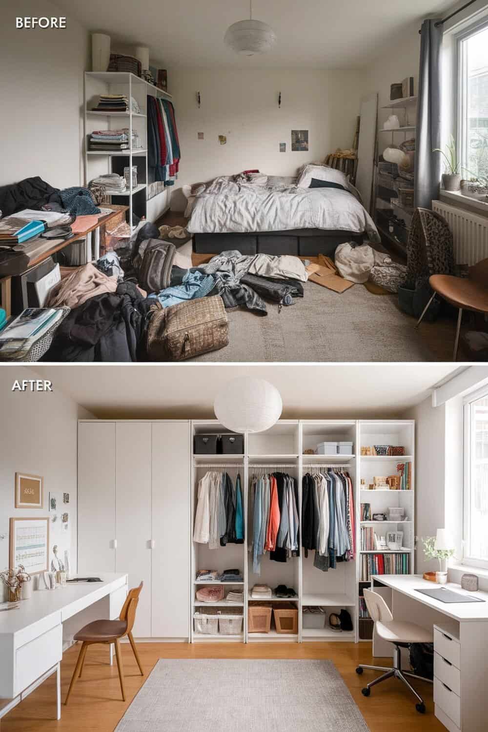 Before and after images of a decluttered room showing a messy space transformed into an organized area.