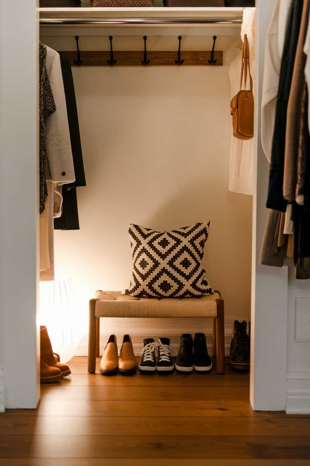 A small bench with a patterned pillow in a closet, surrounded by shoes and clothing.