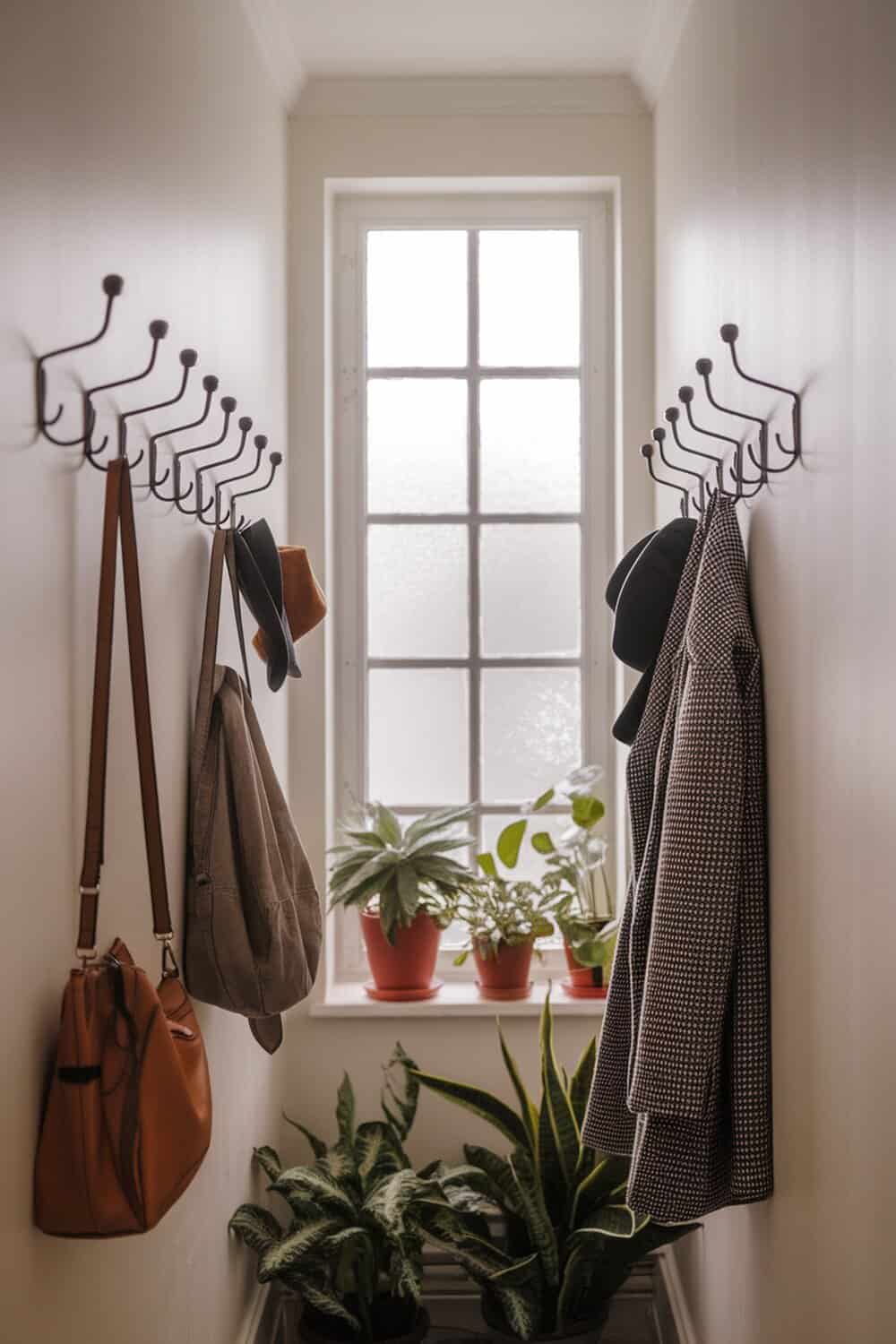 A hallway with hooks on the wall holding bags and hats, with plants by the window.
