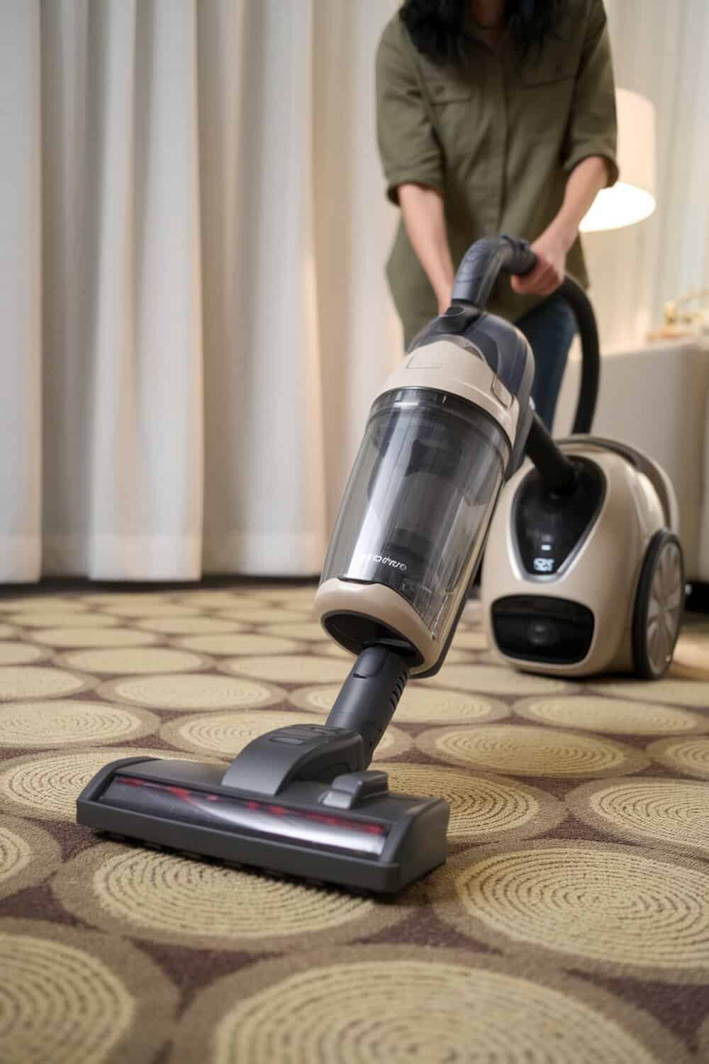 A person using a vacuum cleaner on a patterned carpet.