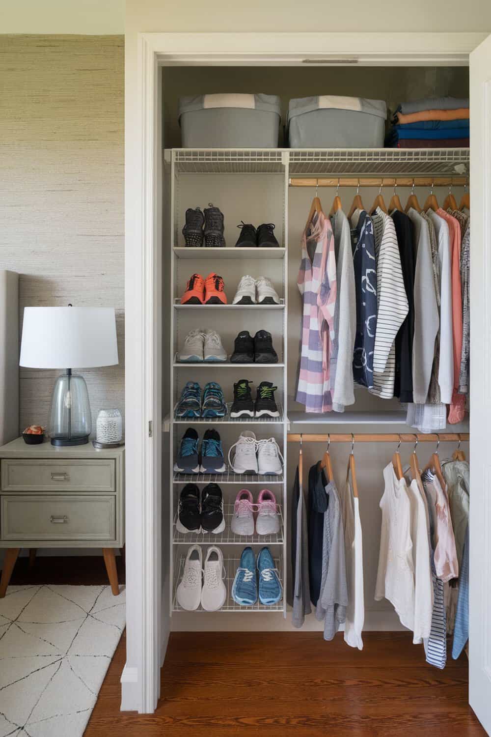 Organized small closet with workout gear, shoes, and clothing.