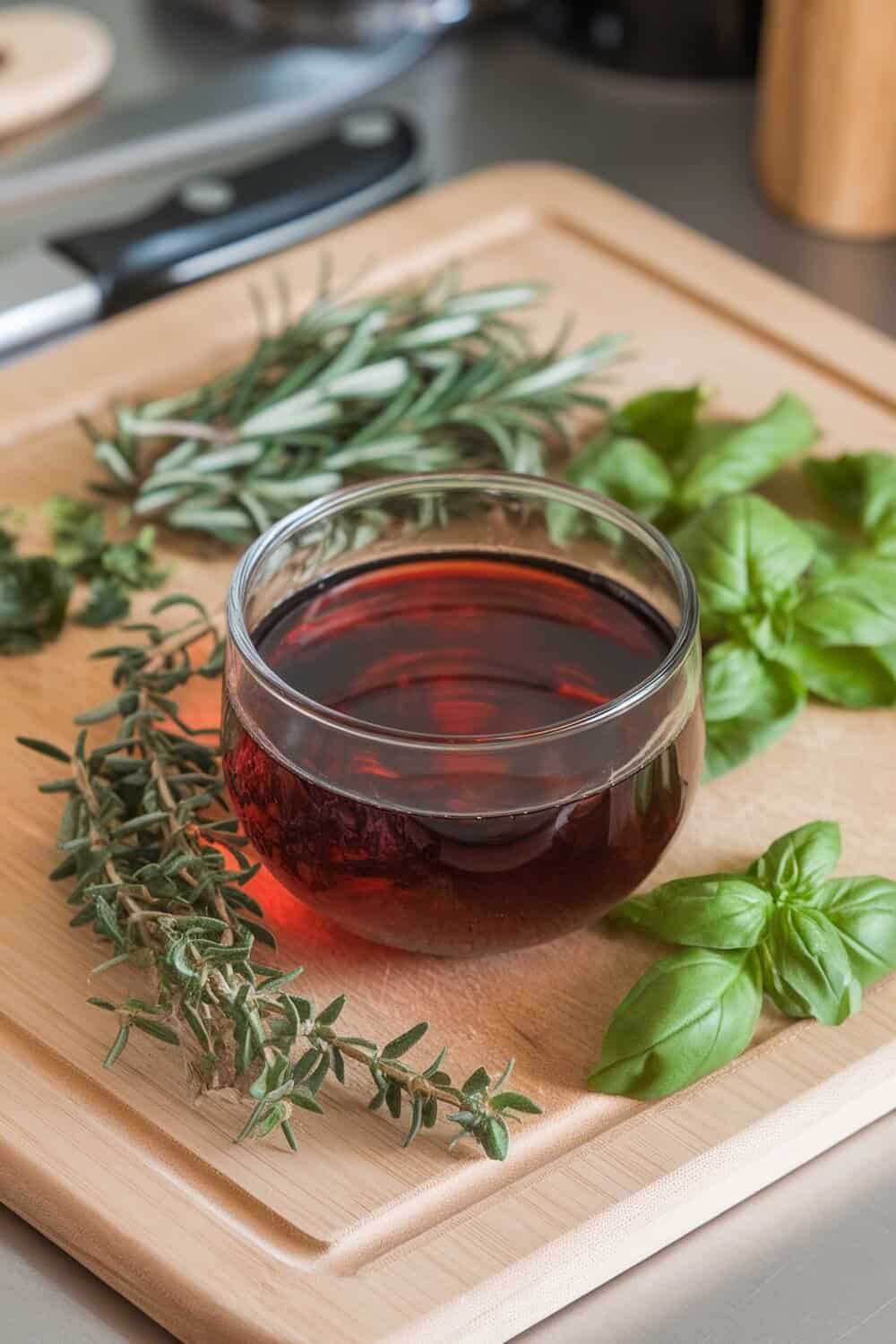 A bowl of vinegar surrounded by fresh herbs on a wooden cutting board.