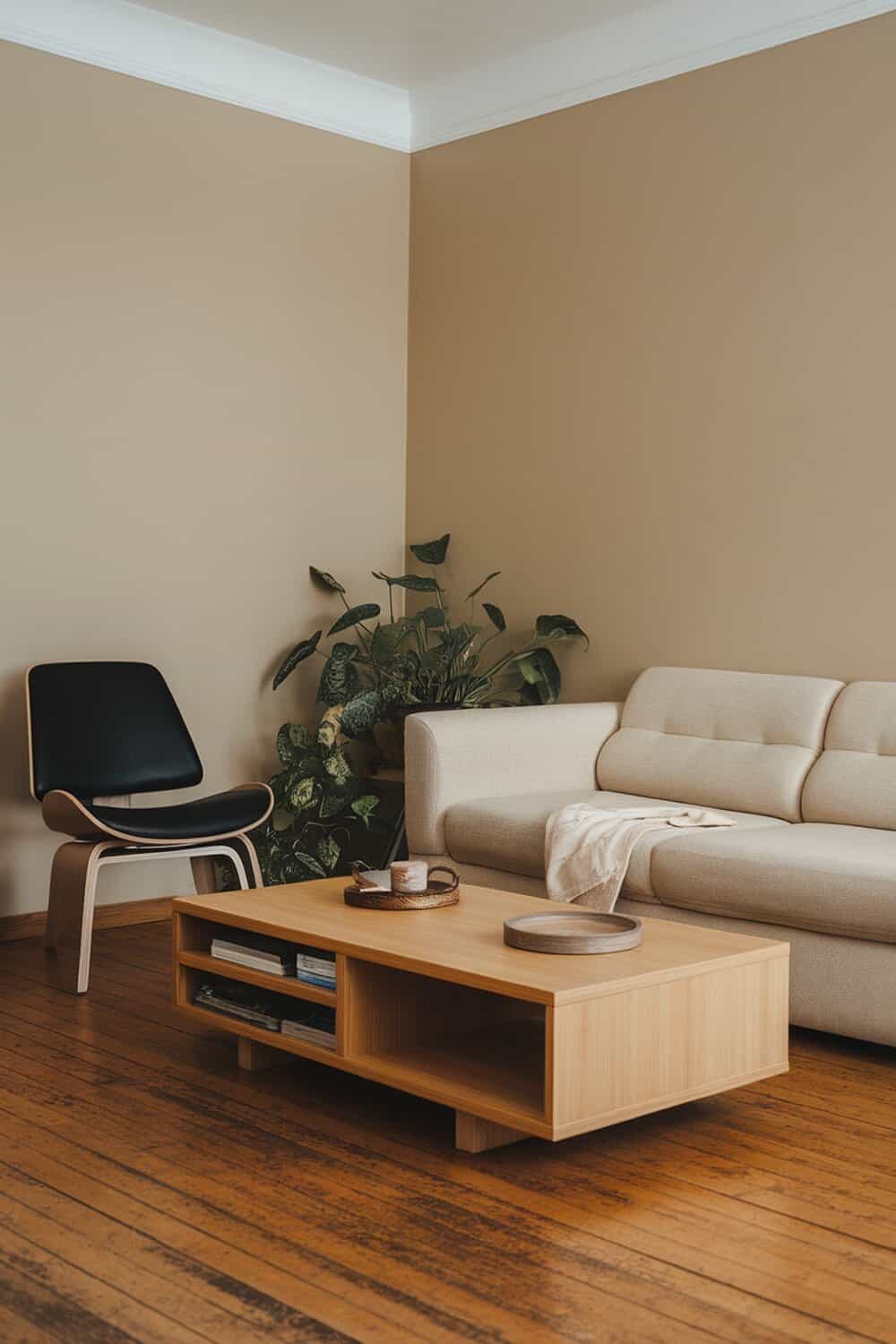 A cozy living room featuring a beige sofa, a wooden coffee table with shelves, and a black chair.