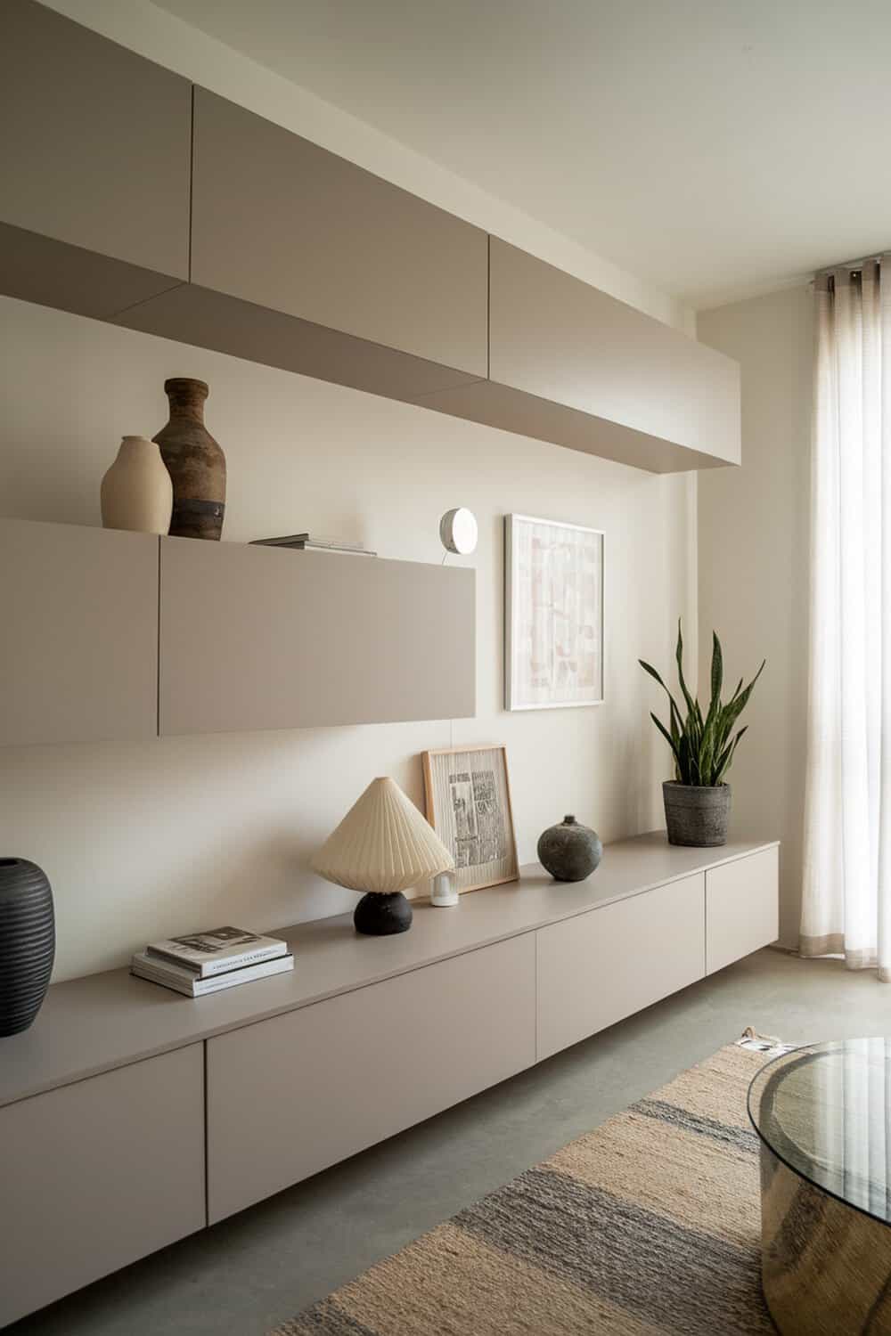A modern living room featuring floating cabinets with decorative items and plants.