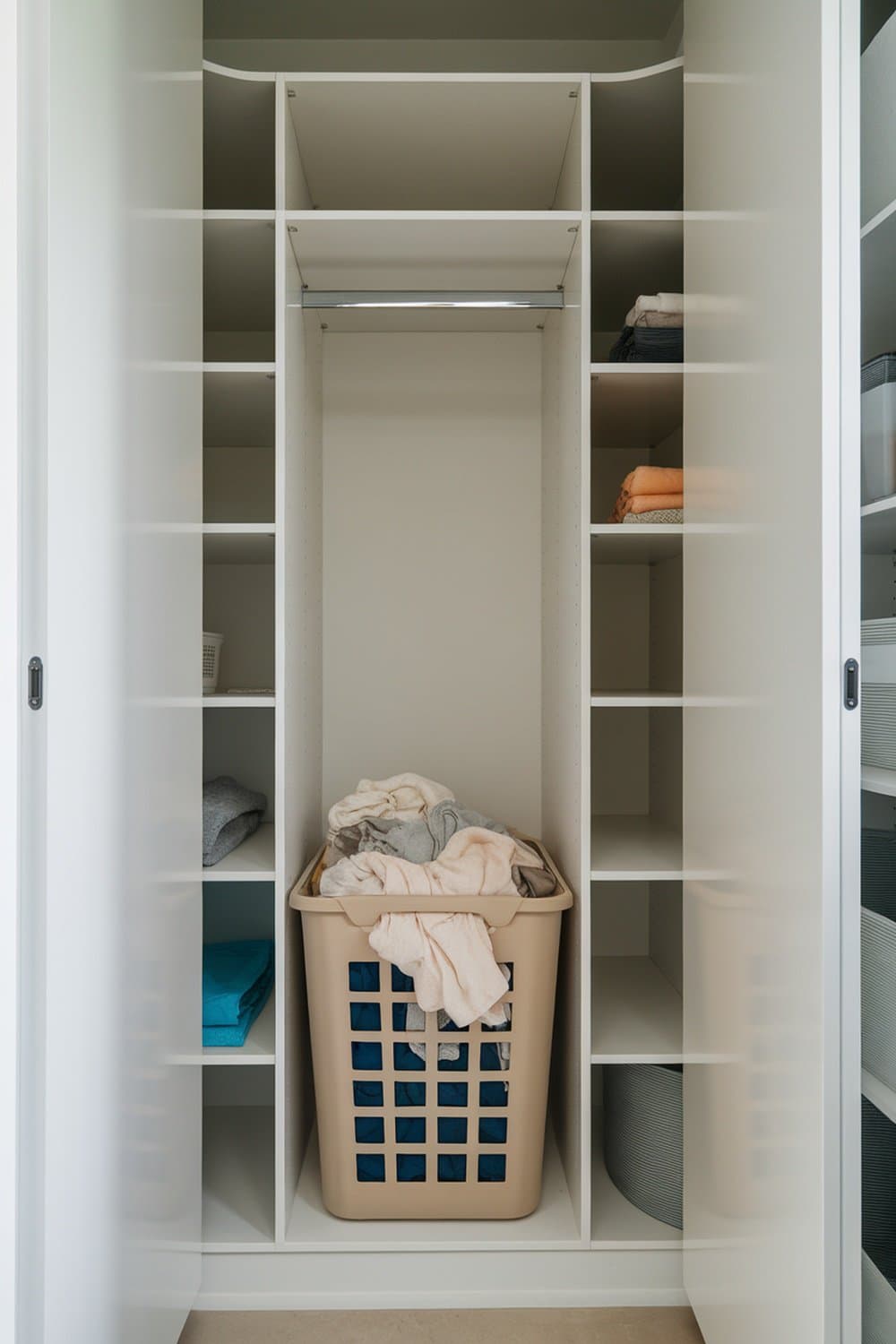A small closet with shelves and a laundry basket filled with clothes.