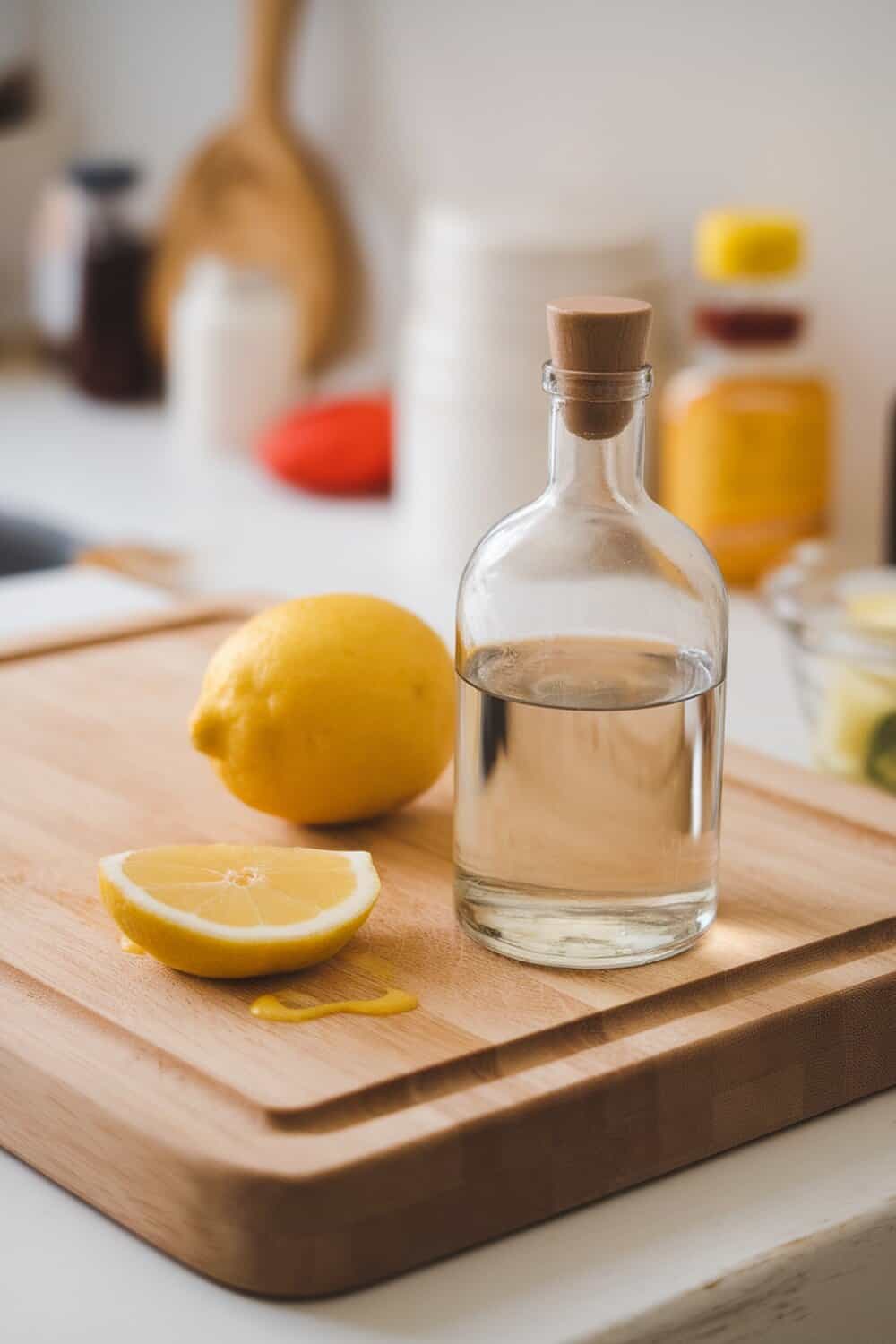 A bottle of vinegar next to a lemon on a wooden cutting board.