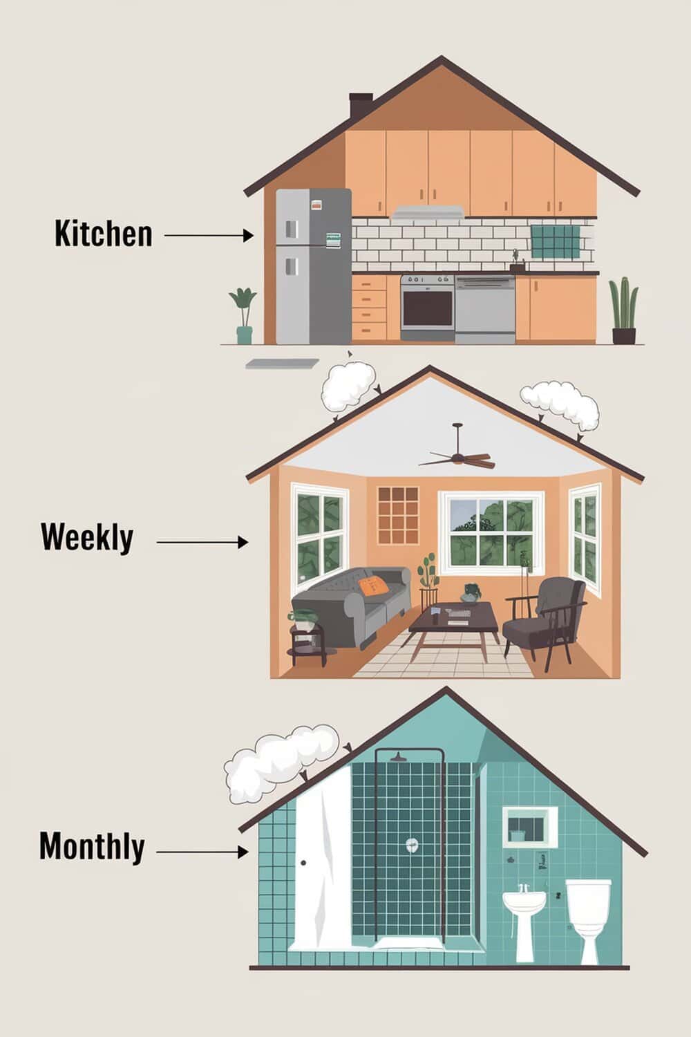 Illustration showing a house layout with kitchen, living room, and bathroom, indicating cleaning frequency.