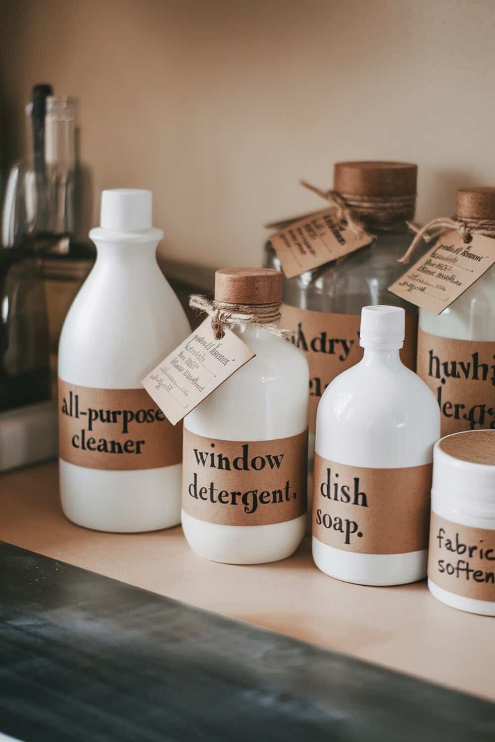Natural cleaning products in labeled bottles on a shelf.