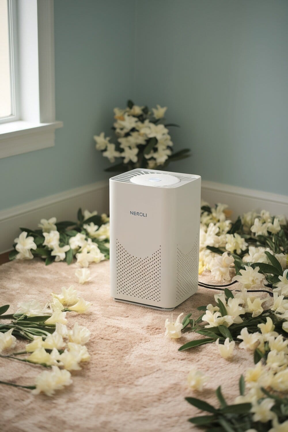 A Neroli air purifier surrounded by white flowers in a cozy room.