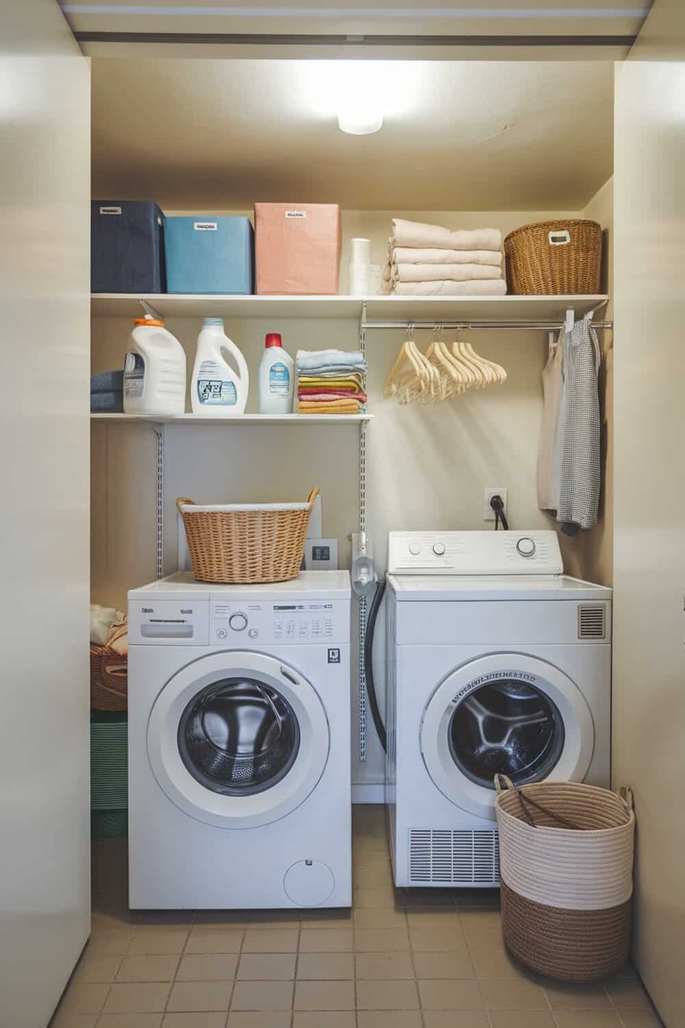 A tidy laundry room with shelves holding cleaning supplies, neatly folded towels, and baskets.