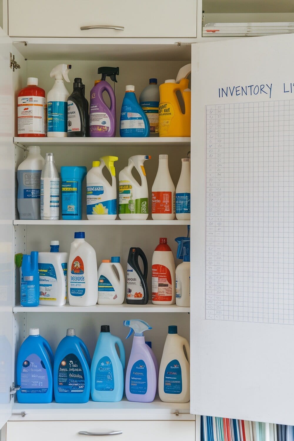 A well-organized cleaning supply cabinet with various cleaning products and an inventory list.