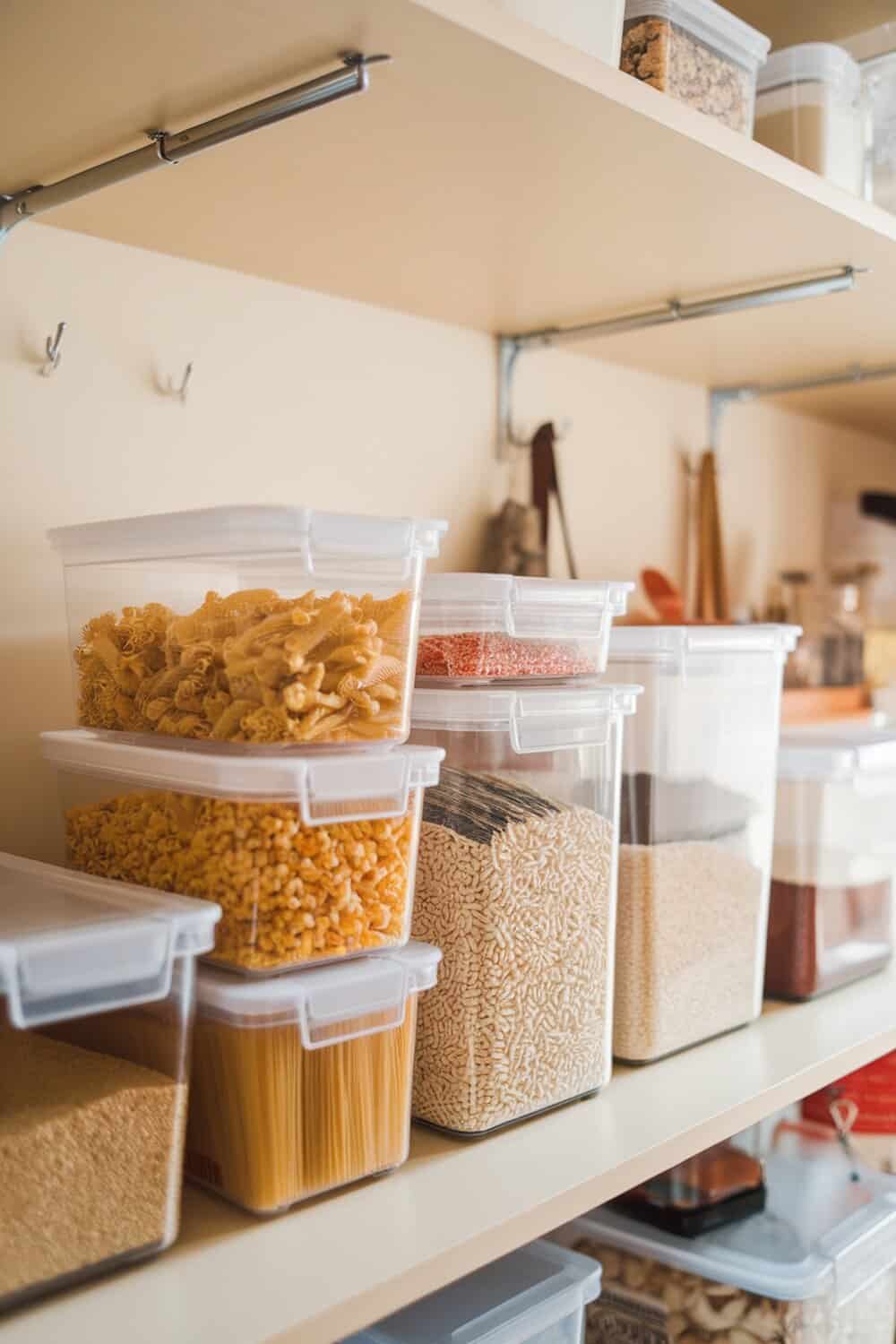 Organized pantry with clear containers holding various dry goods like pasta, rice, and sugar.