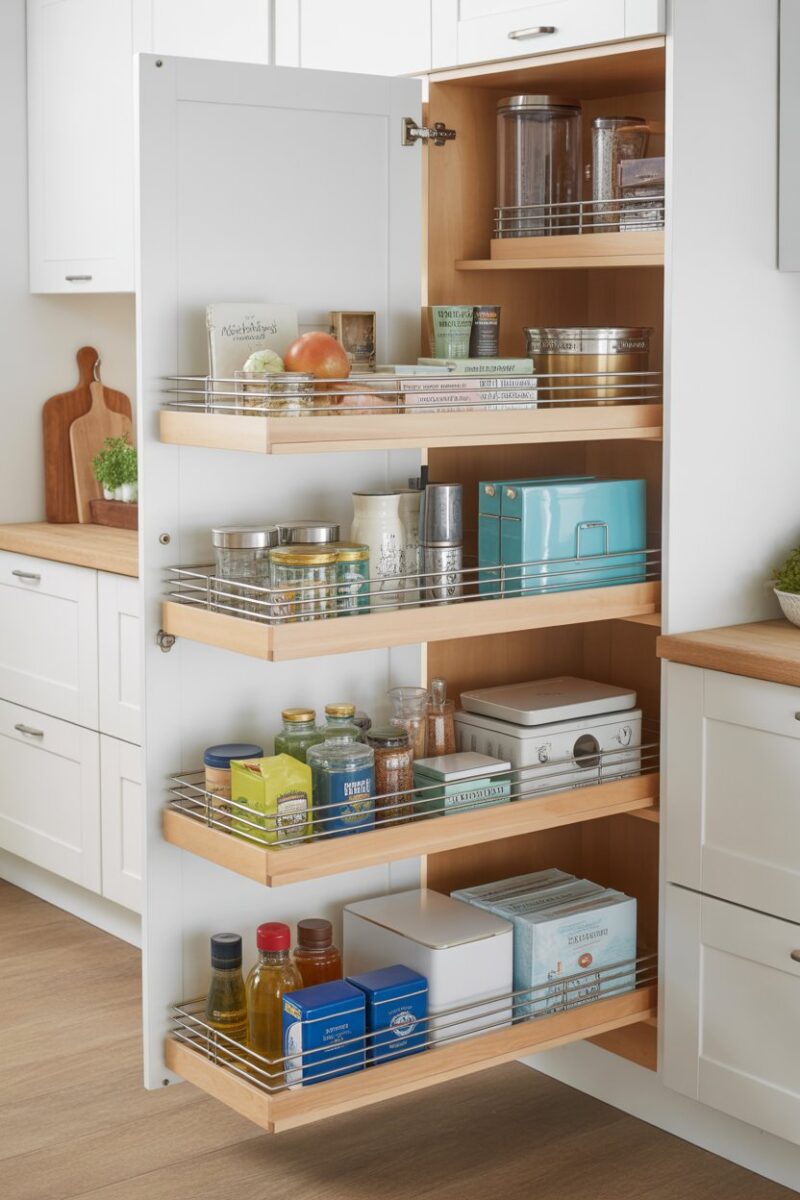 Pull-out shelves in a kitchen cabinet showing organized items.