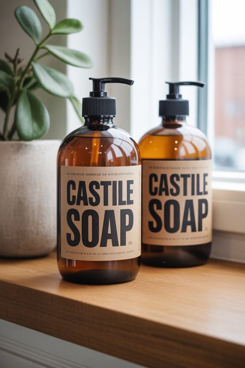 Two bottles of Castile soap on a wooden surface near a window.