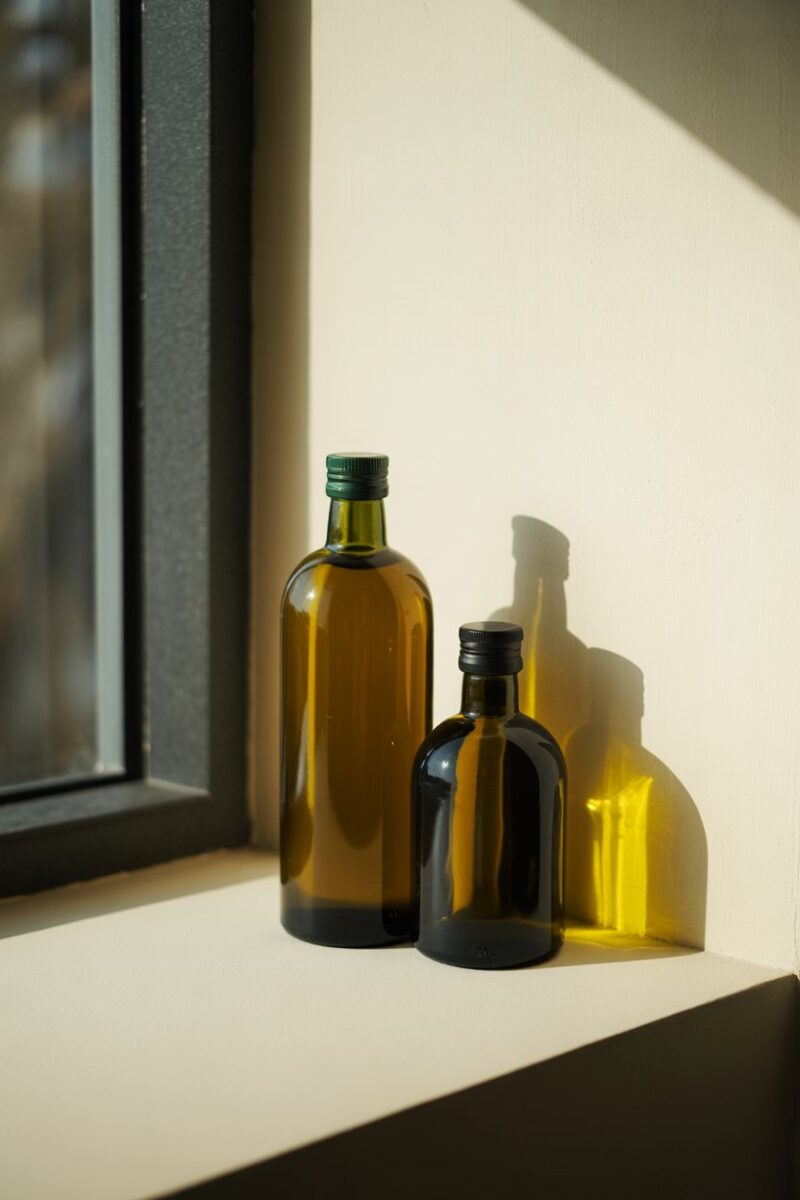 Two bottles of olive oil on a window sill, one larger and one smaller.