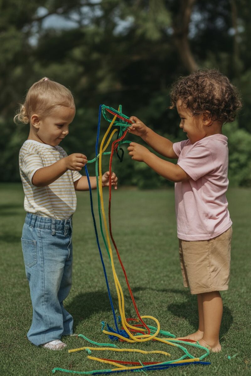 Two children playing with colorful pipe cleaners outdoors.