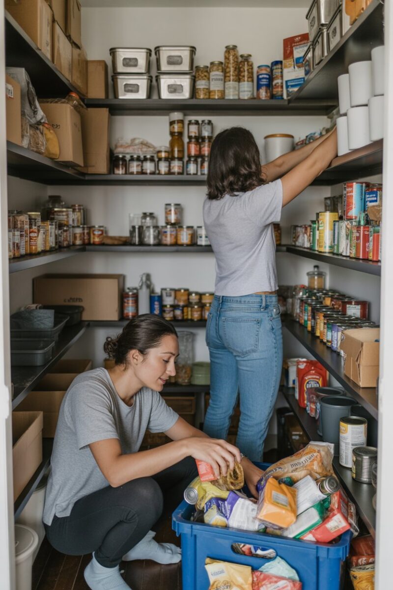 Two people organizing a cluttered pantry with various food items and containers.
