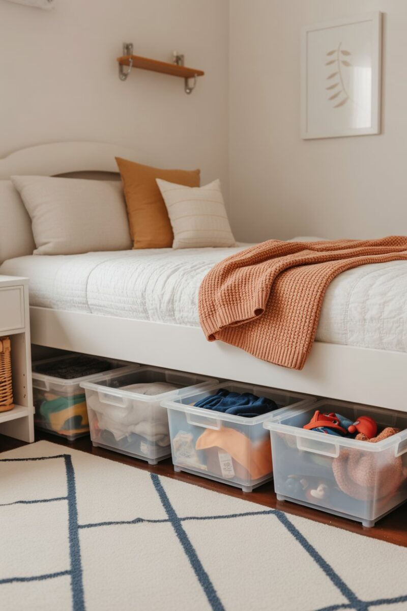 Under-bed storage with clear bins filled with toys and clothes