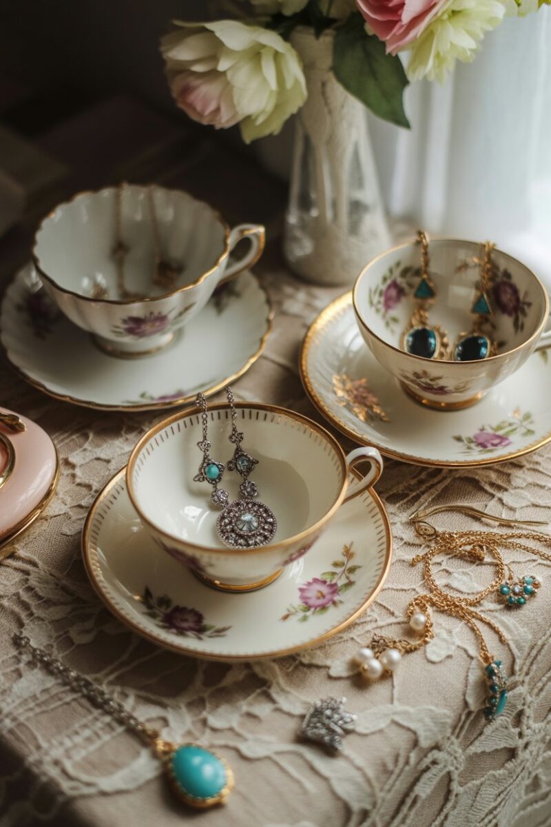Vintage teacups displaying various jewelry pieces on a lace tablecloth.