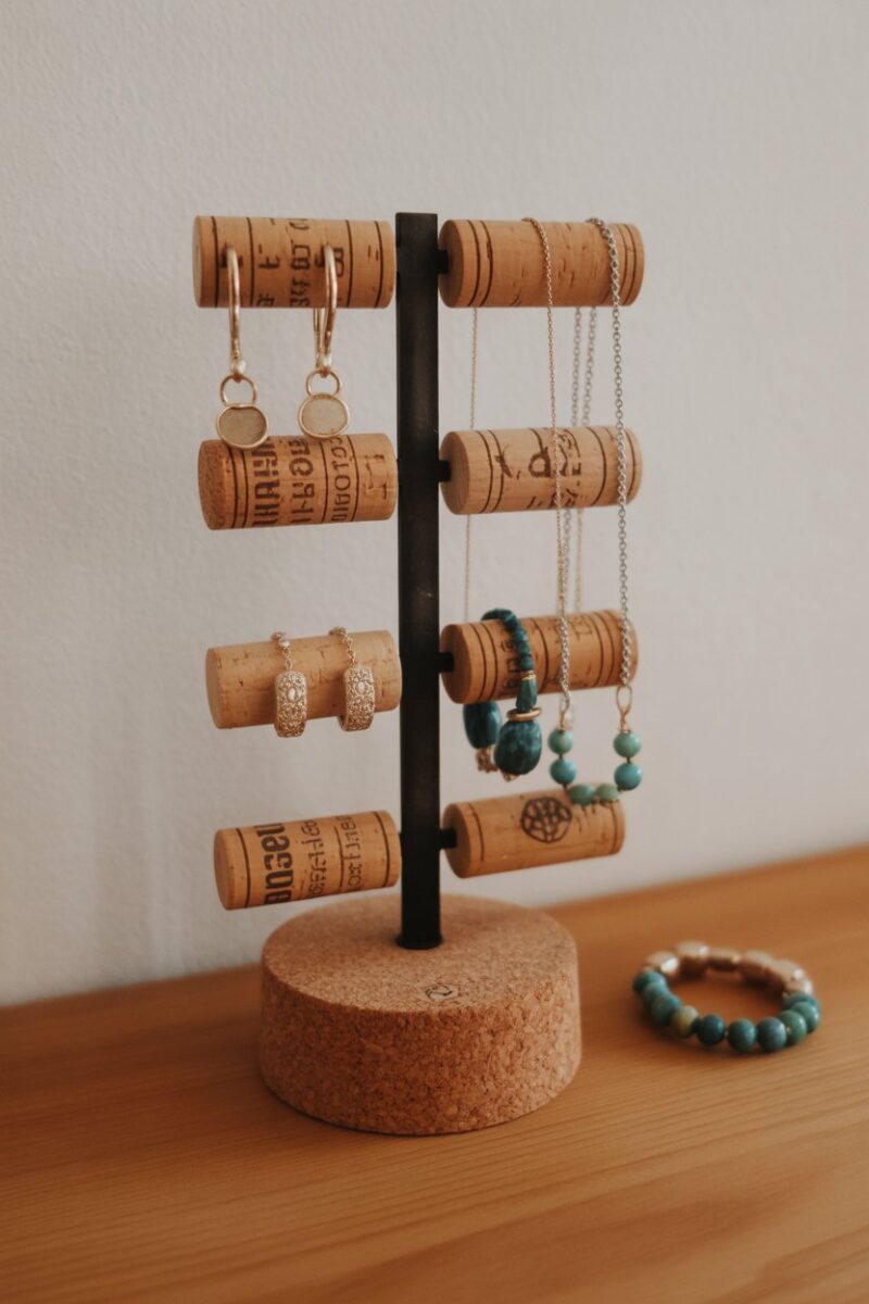 Wine cork jewelry holder displaying various earrings and necklaces.