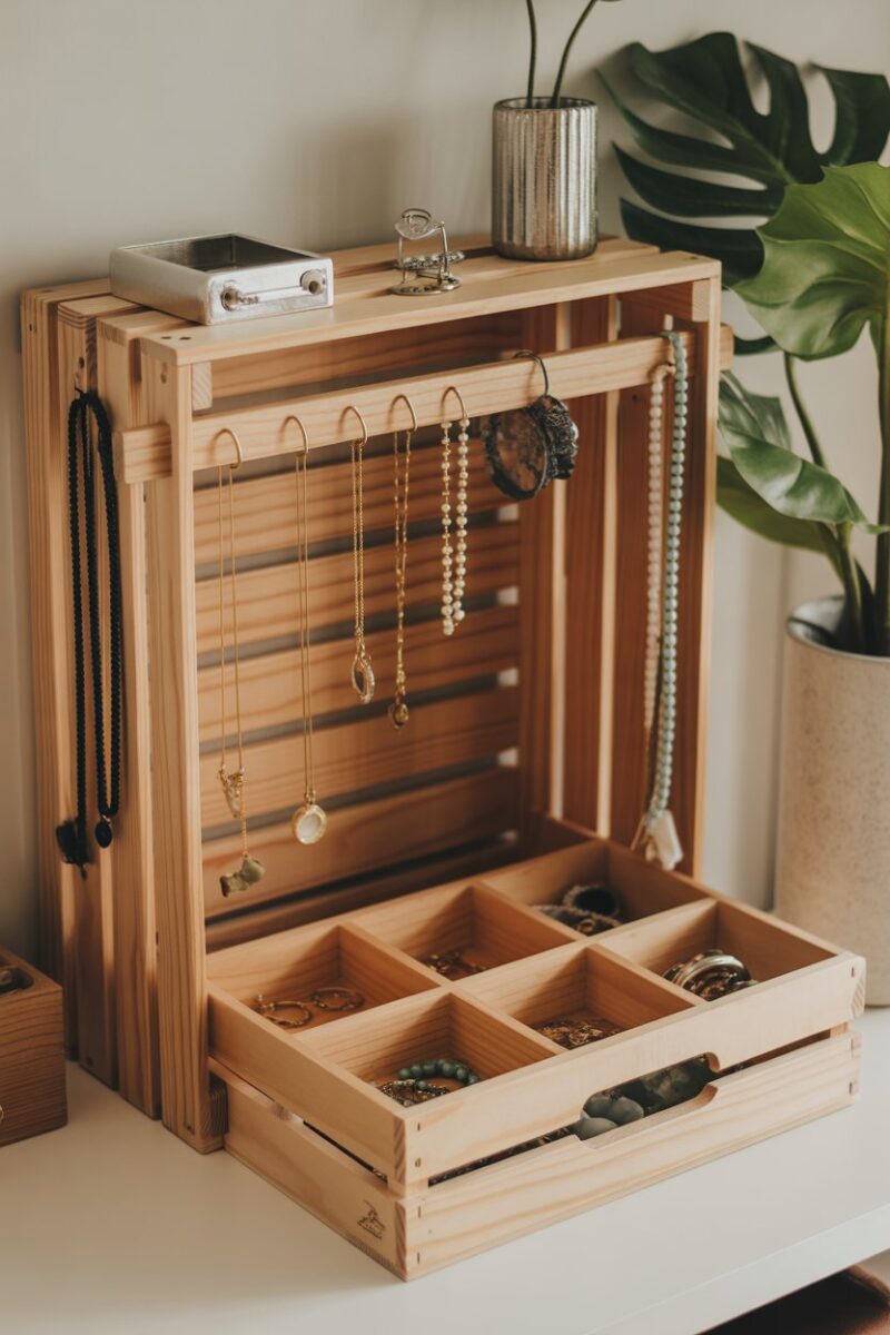 Wooden crate filled with jewelry, necklaces hanging on the sides, and organized accessories.