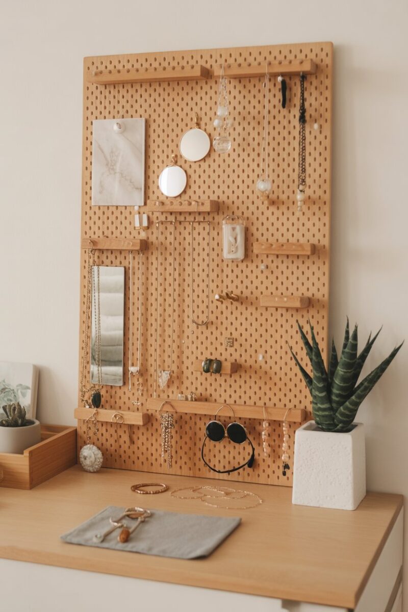 Wooden pegboard jewelry organizer with various accessories displayed.