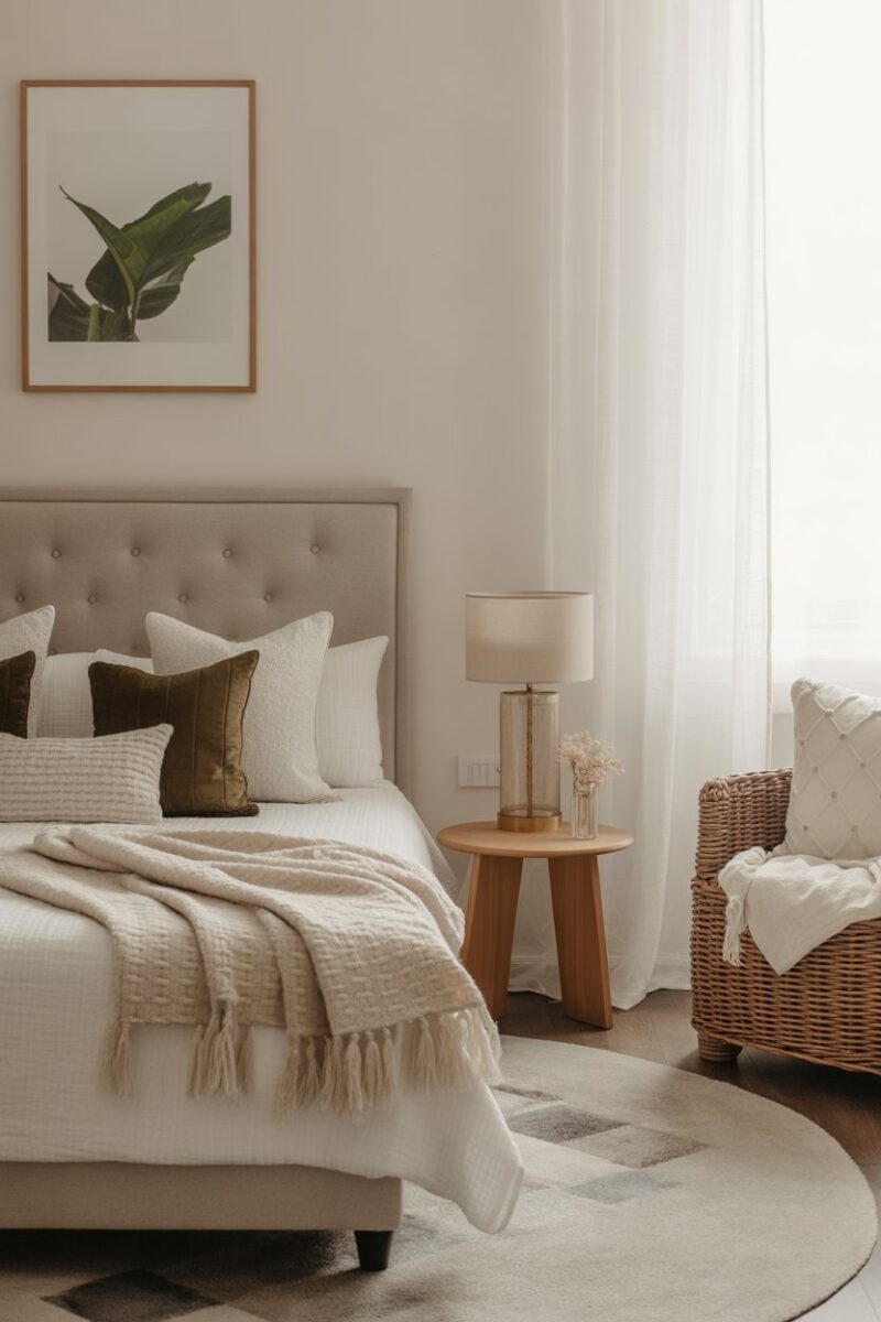A beautifully arranged bedroom with a neatly made bed, decorative pillows, and a cozy chair.