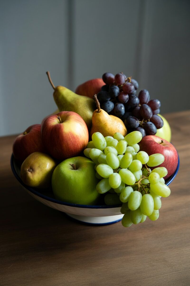 A beautifully arranged fruit bowl with apples, pears, and grapes on a wooden table.