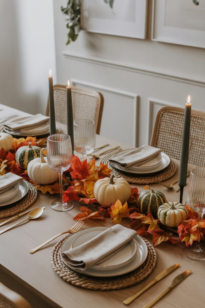 A beautifully decorated Thanksgiving table with colorful leaves and mini pumpkins.