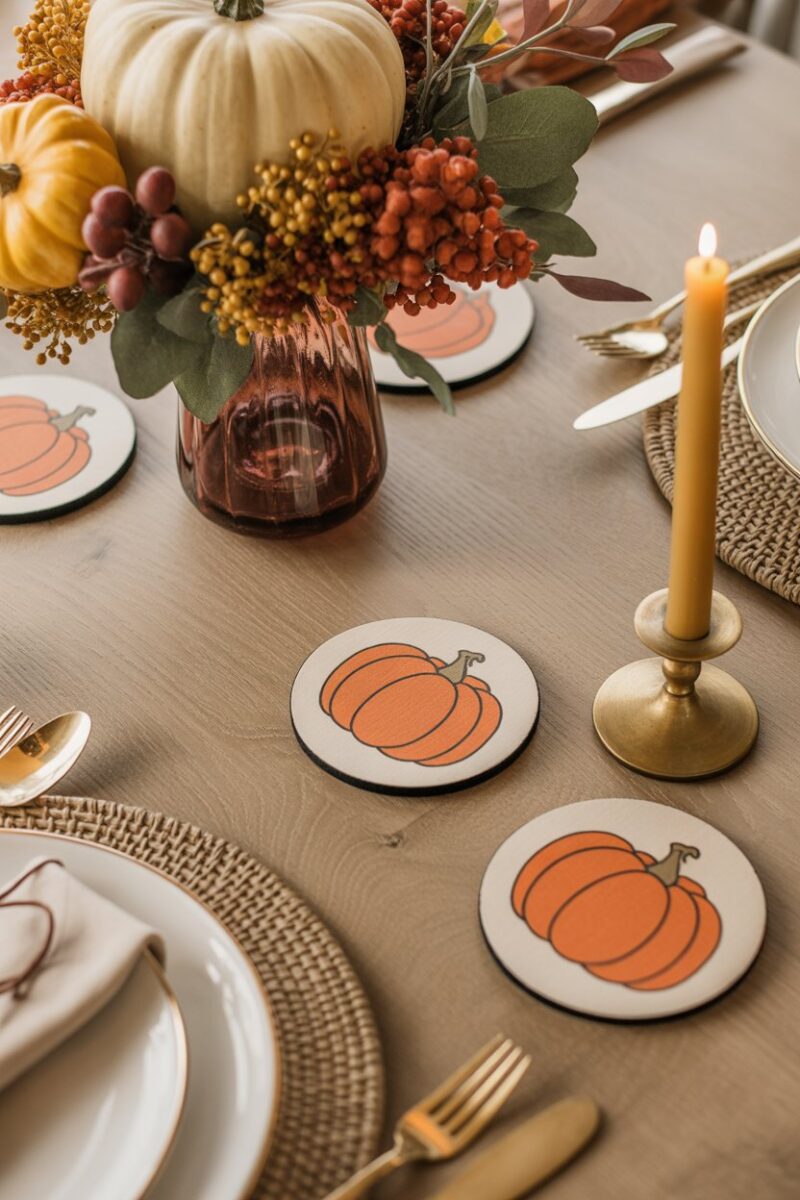 A beautifully set Thanksgiving table featuring coasters with pumpkin and leaf designs.