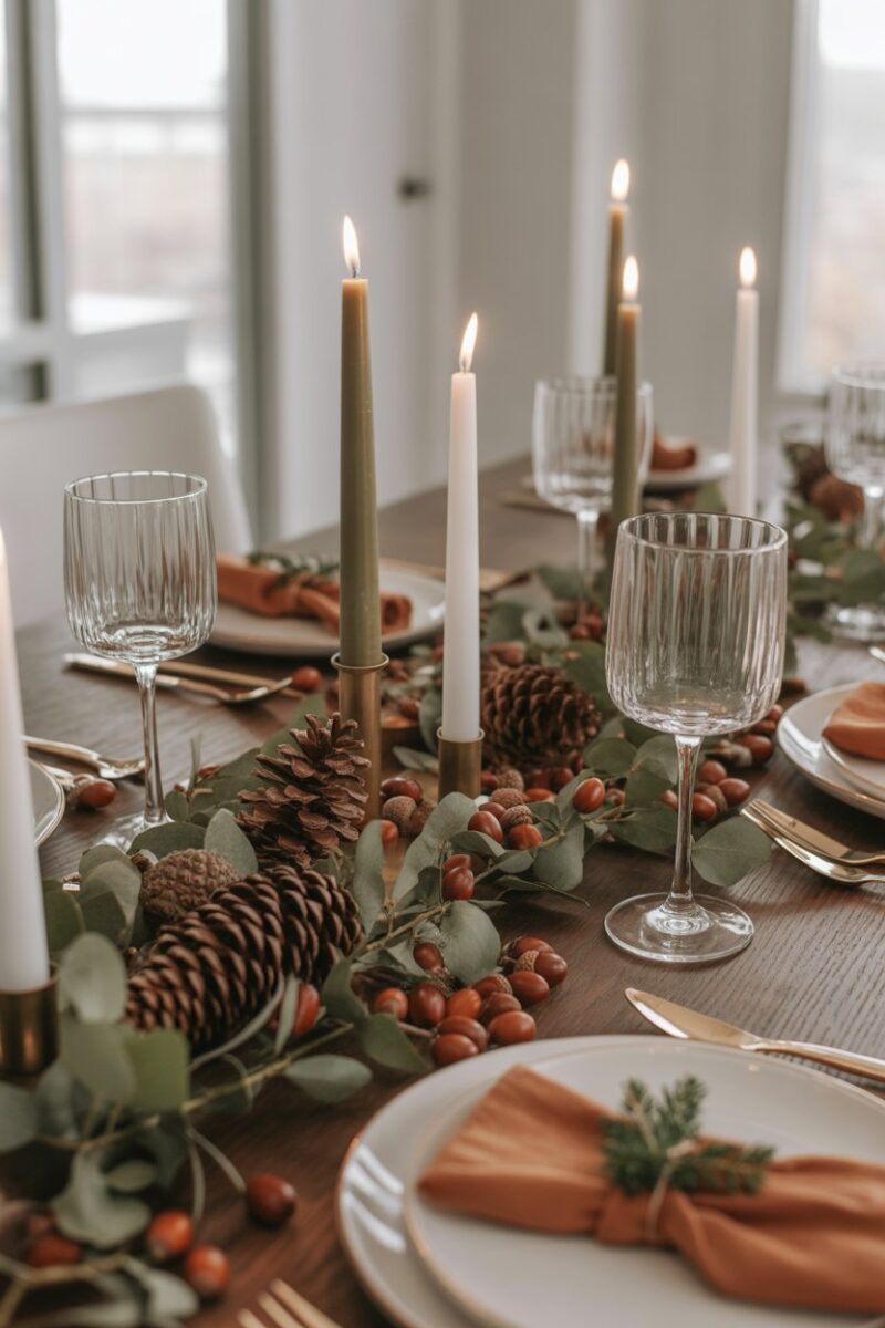 A beautifully set Thanksgiving table featuring acorns and pinecones as decorations.