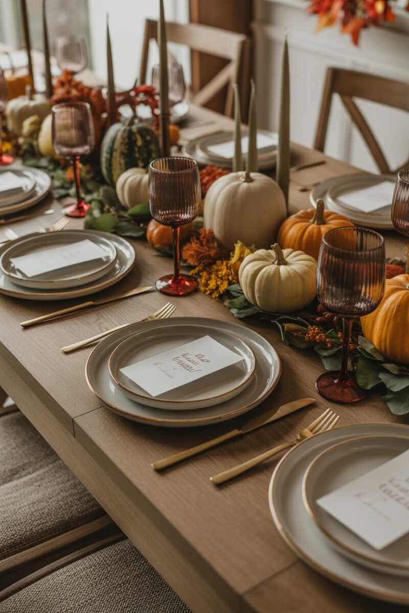 A beautifully set Thanksgiving table with place cards, pumpkins, and autumn decorations.