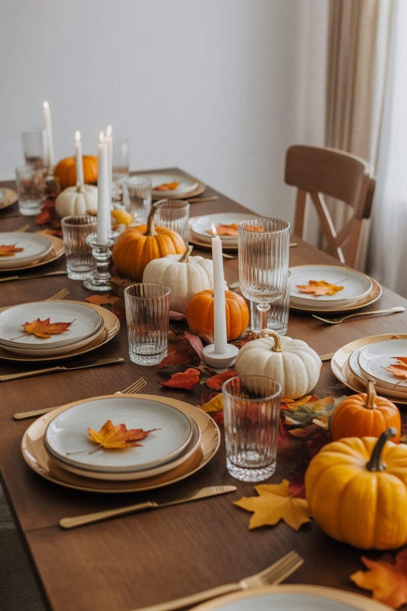 A beautifully set Thanksgiving table with pumpkins and colorful leaf confetti.