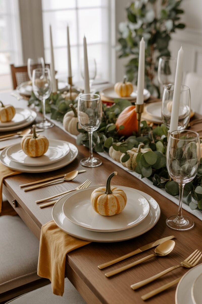 A beautifully set Thanksgiving table with mini pumpkins as place settings.