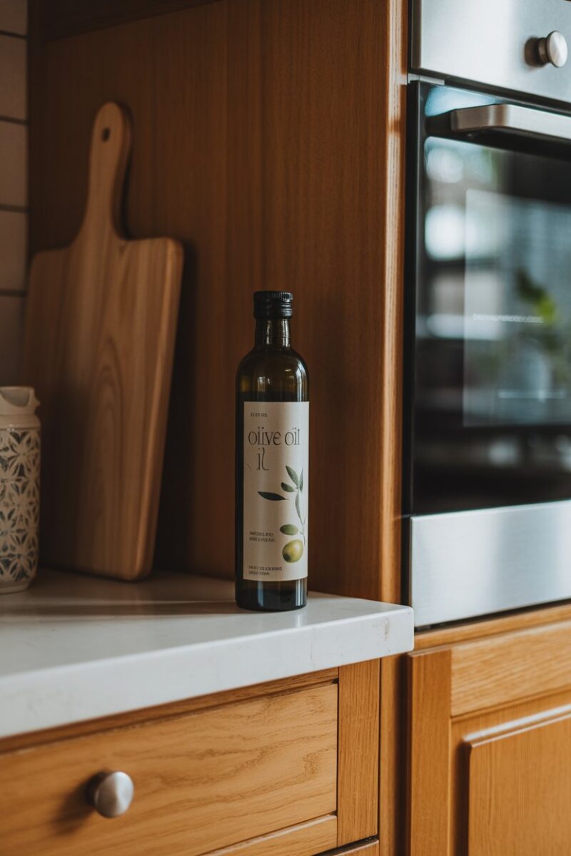 A bottle of olive oil next to a wooden kitchen cupboard.