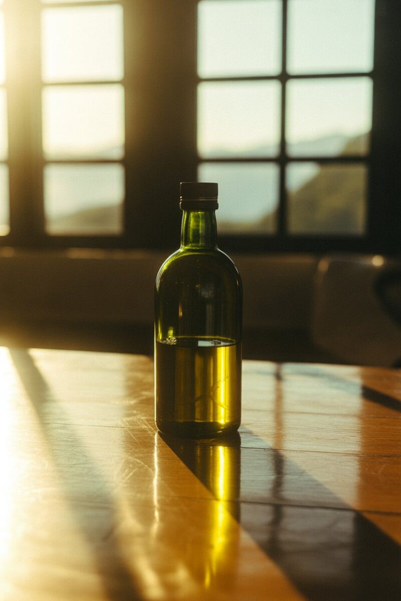 A bottle of olive oil on a wooden table, reflecting light.