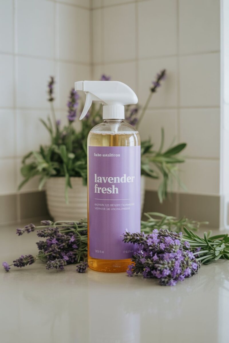 A bottle of scented cleaning product surrounded by flowers and greenery.