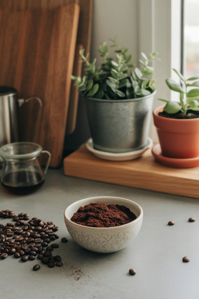 A bowl of coffee grounds on a kitchen counter with coffee beans and plants.
