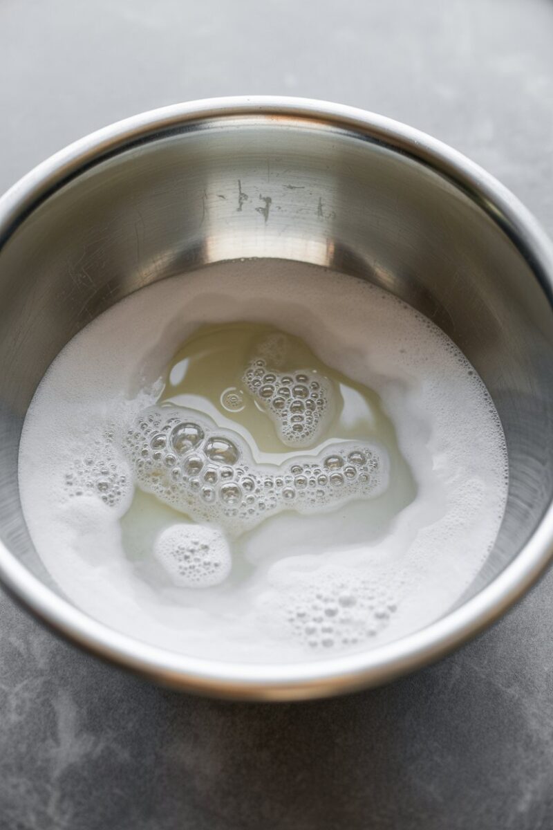 A bowl with a mixture of baking soda and vinegar creating bubbles.